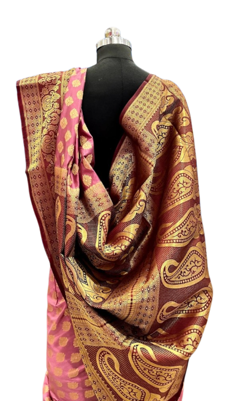Malavika: Deep Pink & Maroon Banarasi Silk Kanjivaram Fusion Saree