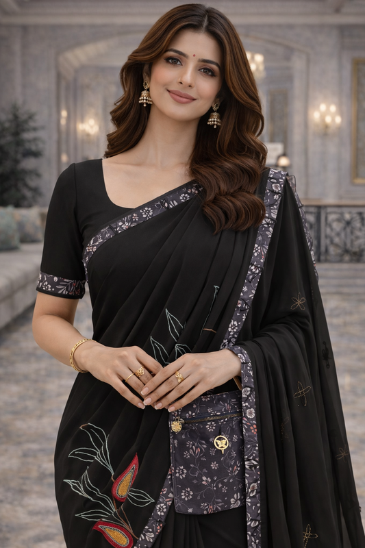 Midnight Bloom Georgette Saree with Utility Pocket
