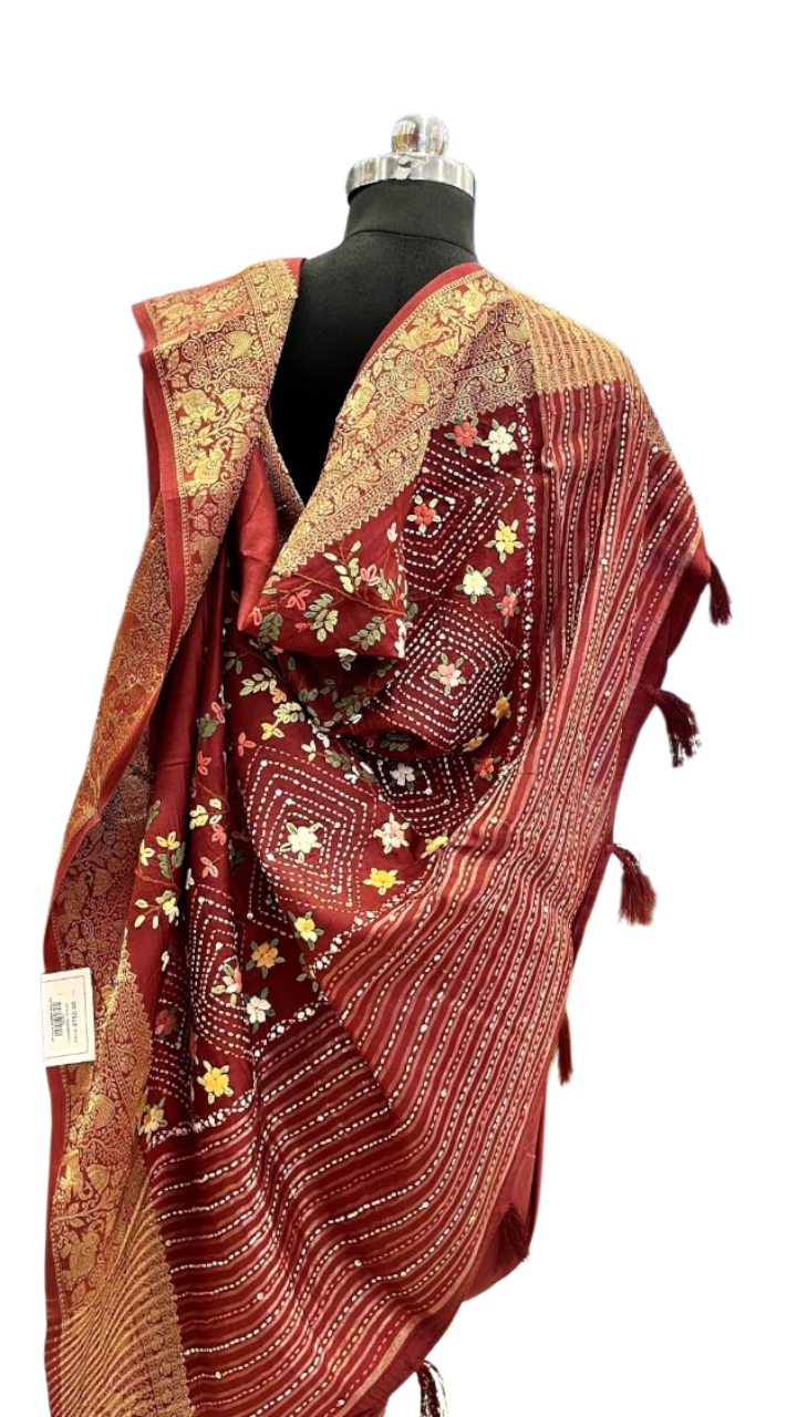 Maroon Royal Bandhani Fusion Saree