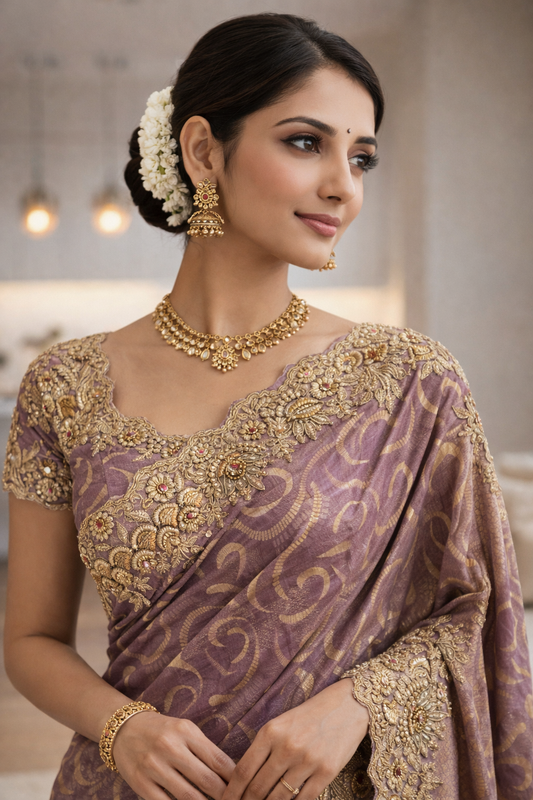 Golden Olive Shimmer Saree with Artisanal Floral Borders