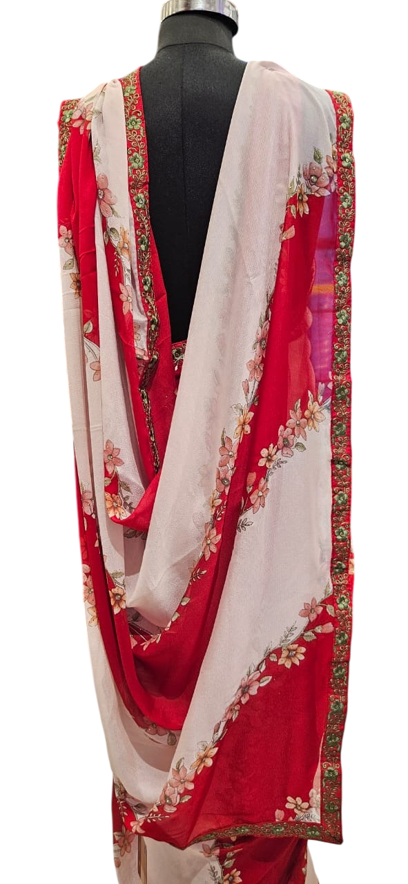 The Crimson Bloom Chiffon Saree