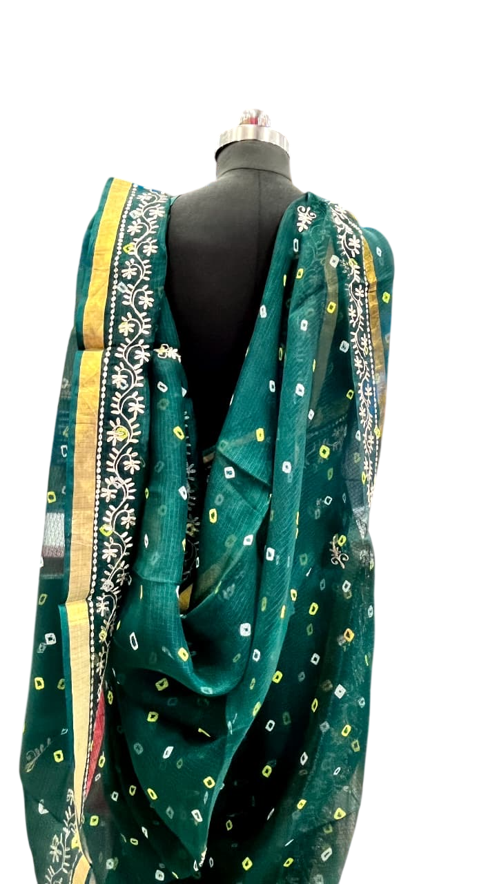 Forest Green Bandhani Embroidered Saree