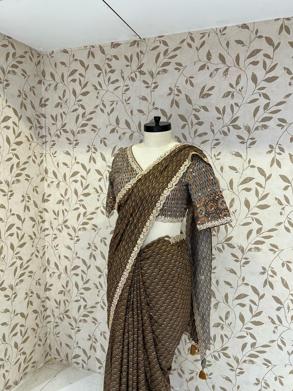 The Cocoa Ajrakh Heritage Saree With Stitch Blouse (1003)