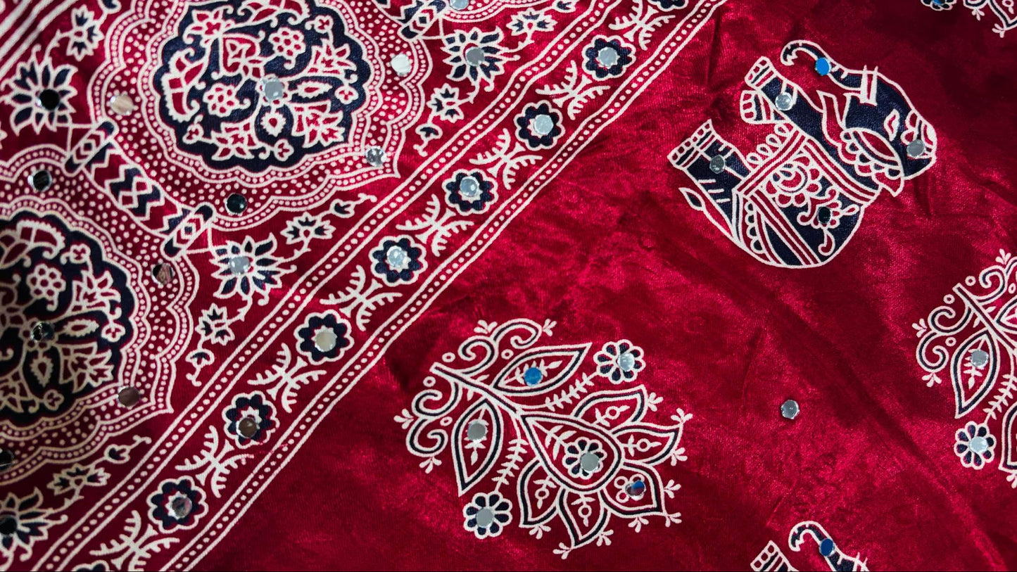 The Crimson Velvet & Ajrakh print with mirror work