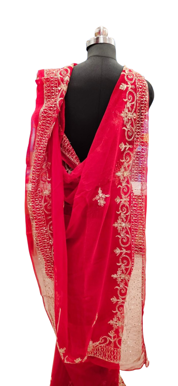 Royal Scarlet Zari Embroidered Saree