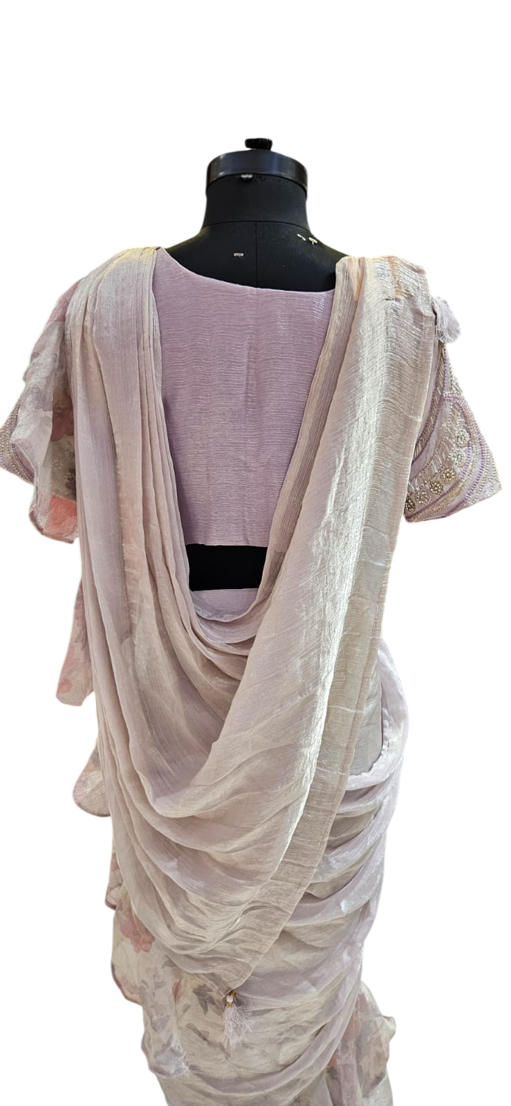 The Lavender Ruffle Fusion Saree With Designer Stitch Blouse