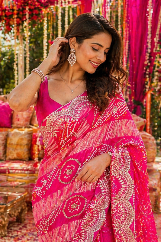 Hot Pink Ghatchola Zari Border Saree