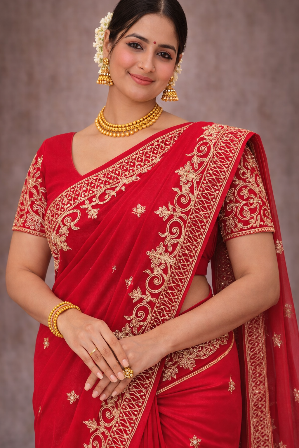 Royal Scarlet Zari Embroidered Saree