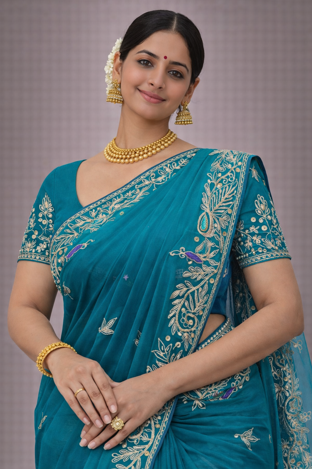 Royal Teal Peacock Embroidered Saree