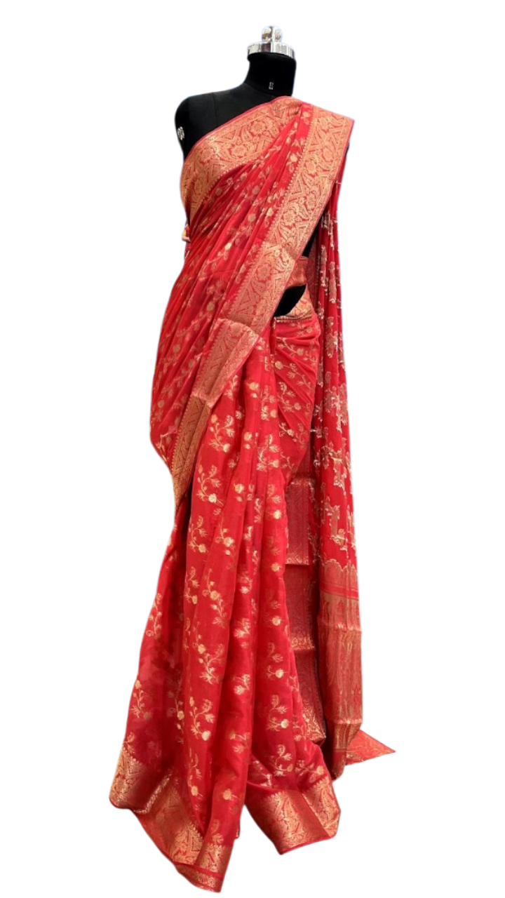 Vibrant Crimson Red Banarasi Silk Saree with Elegant Zari Weave