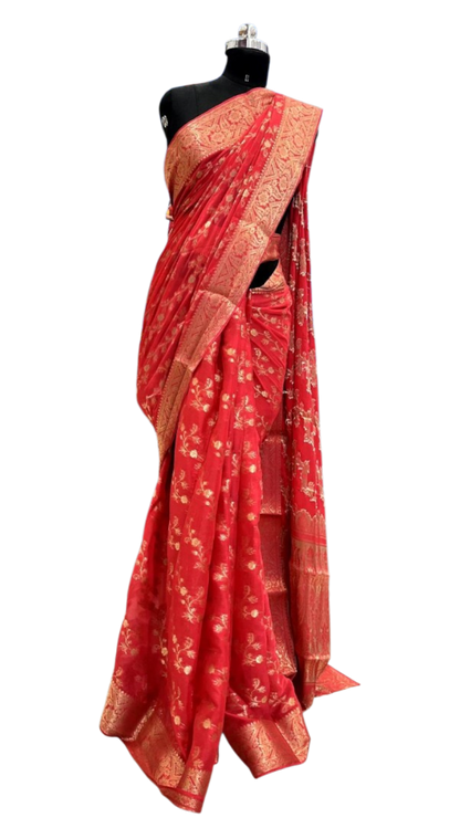 Vibrant Crimson Red Banarasi Silk Saree with Elegant Zari Weave