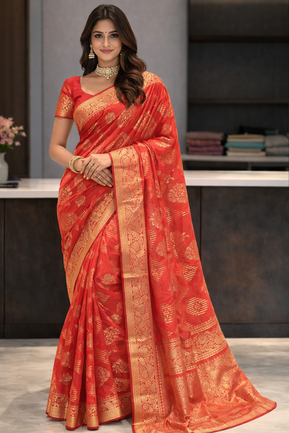 Royal Vermilion Zari Weave Saree