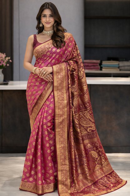 Malavika: Deep Pink & Maroon Banarasi Silk Kanjivaram Fusion Saree