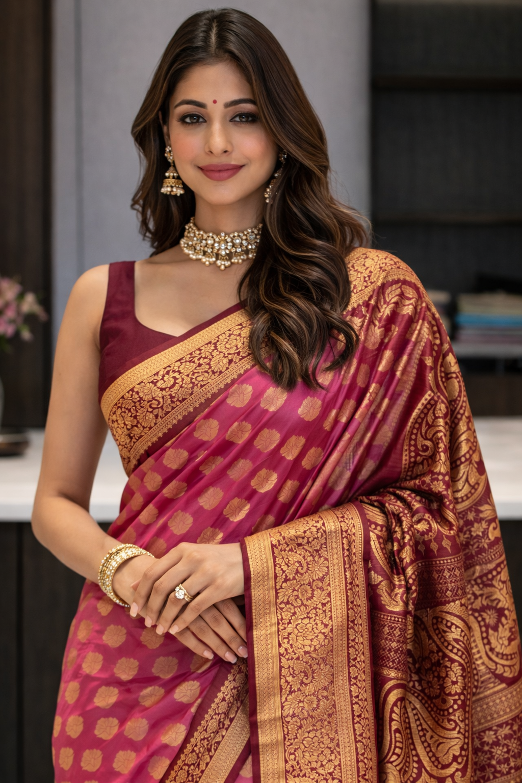 Malavika: Deep Pink & Maroon Banarasi Silk Kanjivaram Fusion Saree