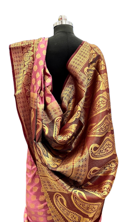 Malavika: Deep Pink & Maroon Banarasi Silk Kanjivaram Fusion Saree