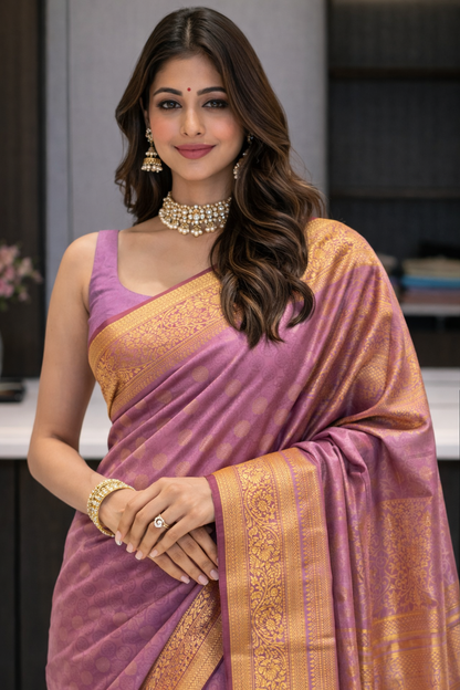 Lavender Dream: Woven Silk Saree with Kanjivaram-Style Border