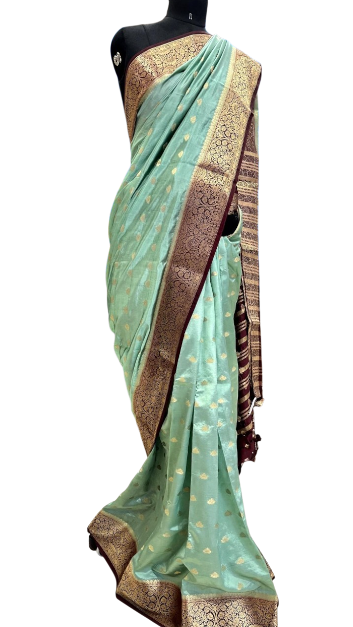 Emerald Jade Banarasi Silk Saree with Crimson Zari Border