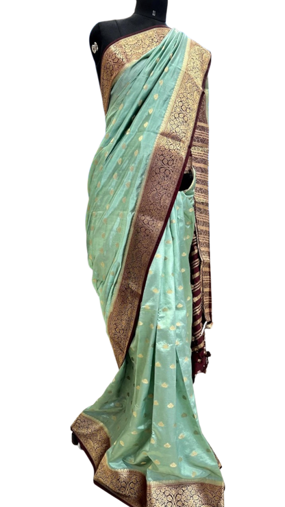 Emerald Jade Banarasi Silk Saree with Crimson Zari Border