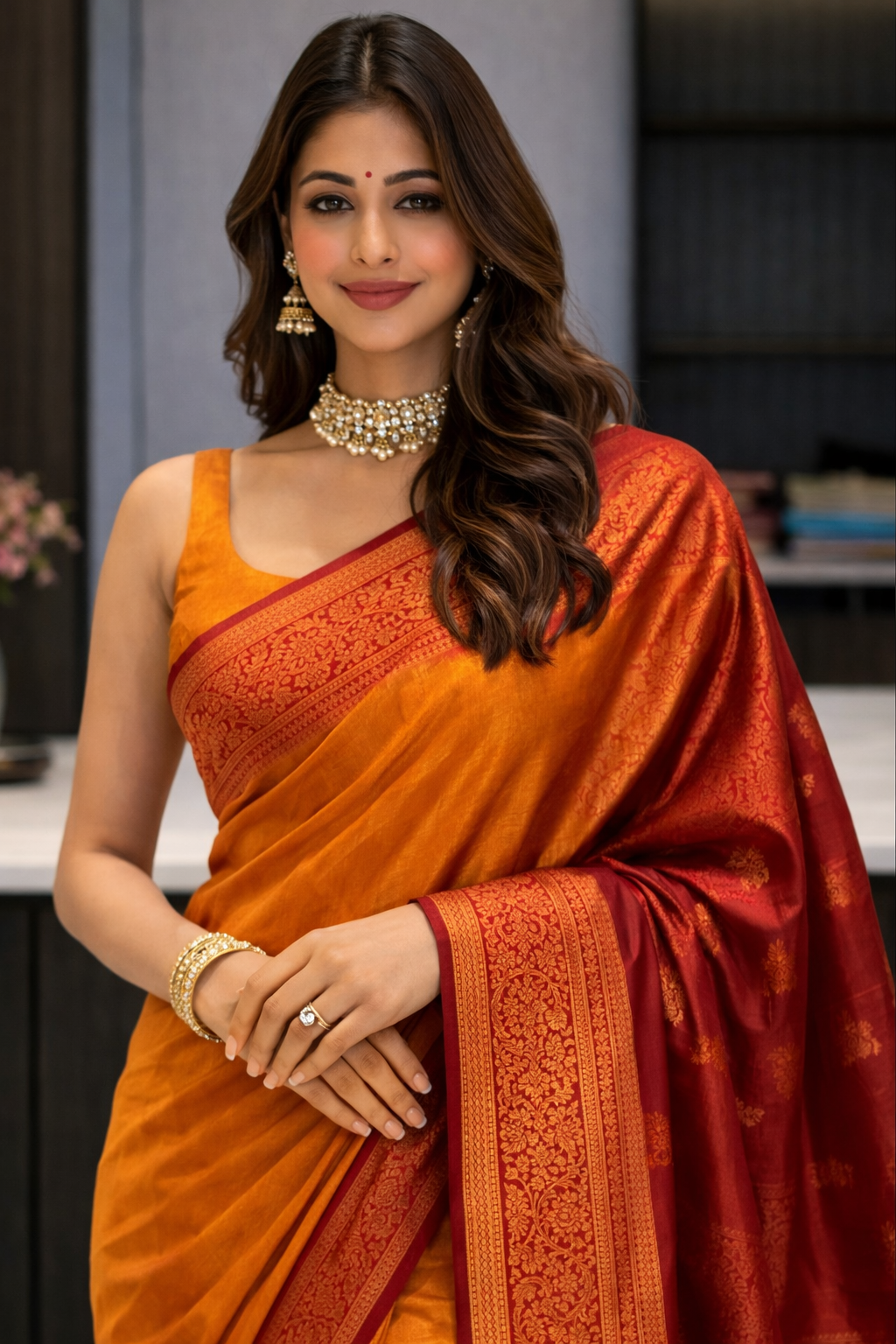 Sun-Kissed Mustard & Red Silk Kanjivaram Fusion Saree