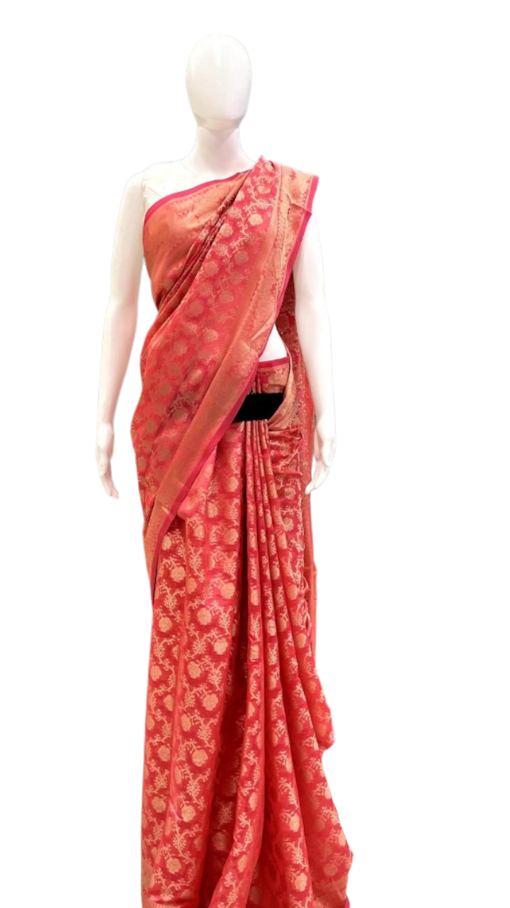 Coral Bloom: Traditional Banarasi Silk Saree