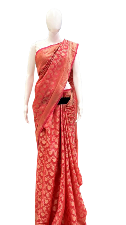 Coral Bloom: Traditional Banarasi Silk Saree