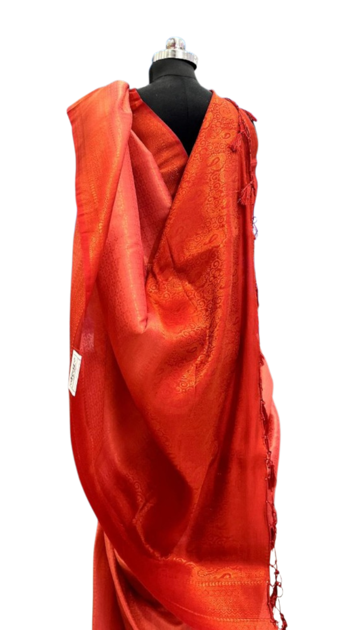 Vibrant Coral Red Silk Saree with Tassel Detail