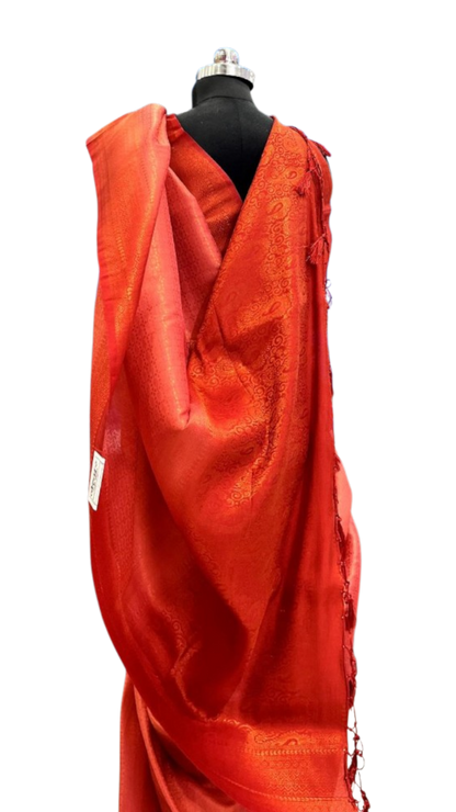 Vibrant Coral Red Silk Saree with Tassel Detail