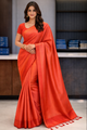 Vibrant Coral Red Silk Saree with Tassel Detail