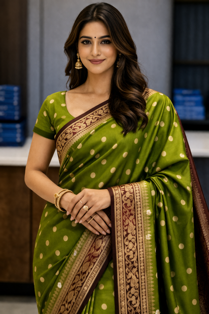 Olive Green Banarasi Art Silk Saree with Maroon Zari Pallu