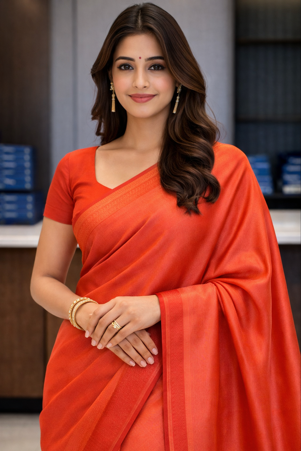 Vibrant Coral Red Silk Saree with Tassel Detail