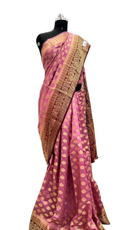 Malavika: Deep Pink & Maroon Banarasi Silk Kanjivaram Fusion Saree