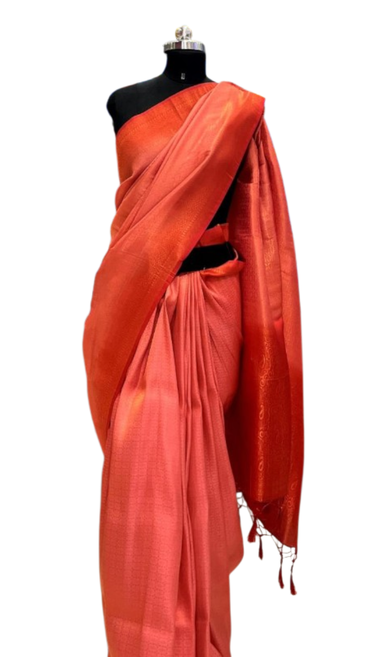 Vibrant Coral Red Silk Saree with Tassel Detail
