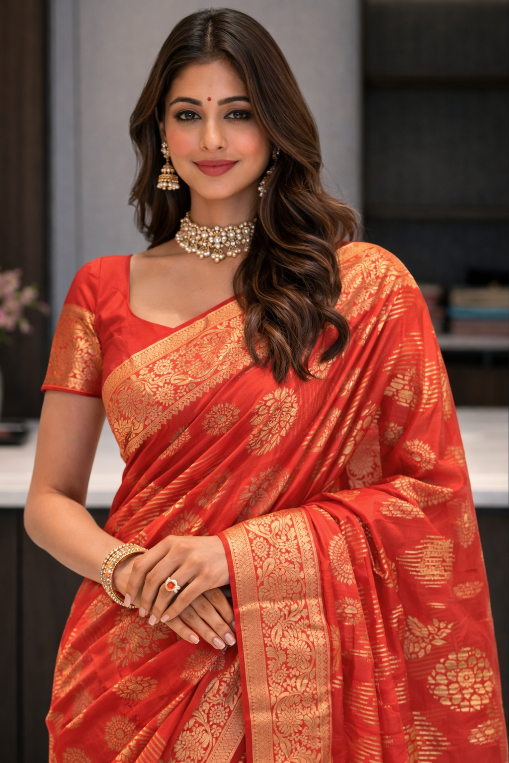 Royal Vermilion Zari Weave Saree