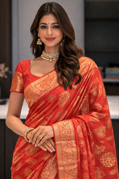 Royal Vermilion Zari Weave Saree