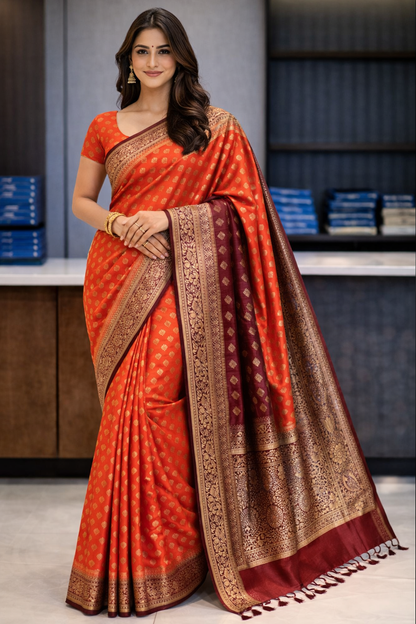 Aadhya: Vibrant Orange Banarasi Katan Silk Saree with Maroon Zari Pallu