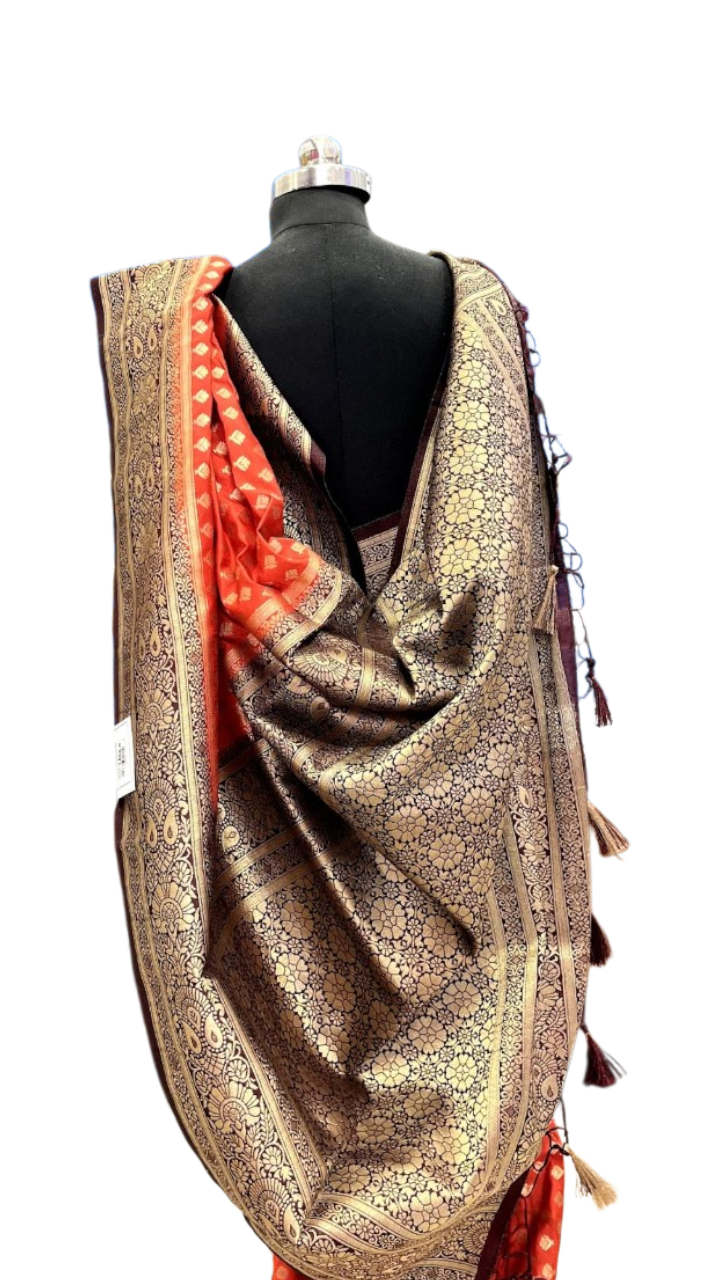 Aadhya: Vibrant Orange Banarasi Katan Silk Saree with Maroon Zari Pallu