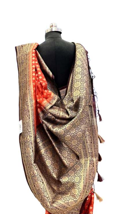 Aadhya: Vibrant Orange Banarasi Katan Silk Saree with Maroon Zari Pallu