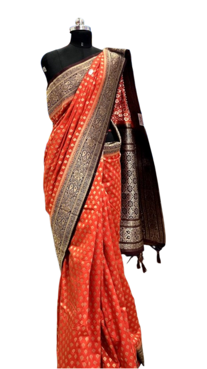 Aadhya: Vibrant Orange Banarasi Katan Silk Saree with Maroon Zari Pallu