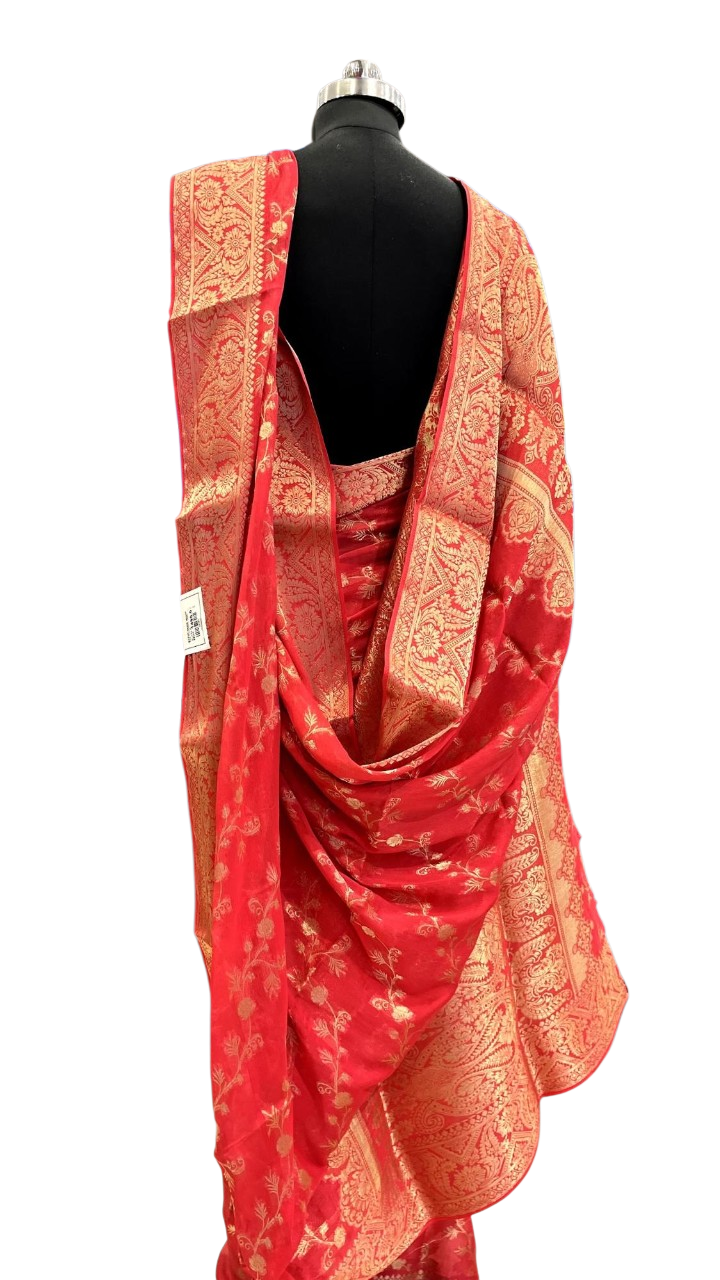 Vibrant Crimson Red Banarasi Silk Saree with Elegant Zari Weave