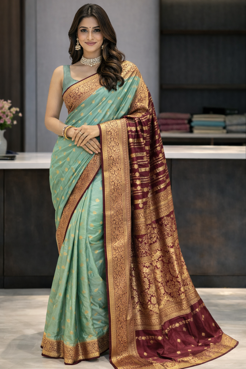 Emerald Jade Banarasi Silk Saree with Crimson Zari Border