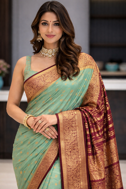 Emerald Jade Banarasi Silk Saree with Crimson Zari Border