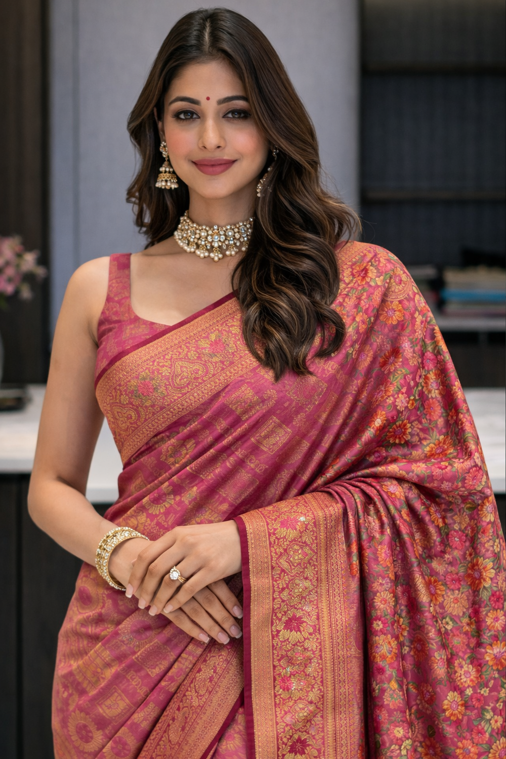 Gulabi Opulence: Deep Pink Silk Saree with Gul Dasta Pallu