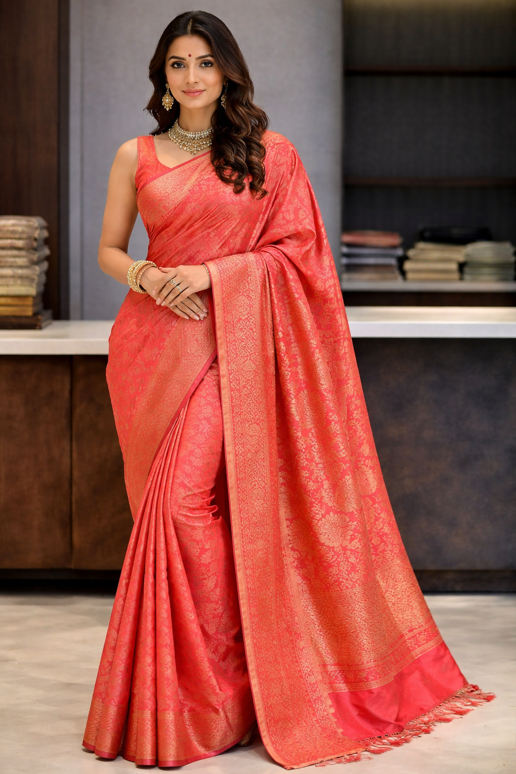 Coral Bloom: Traditional Banarasi Silk Saree