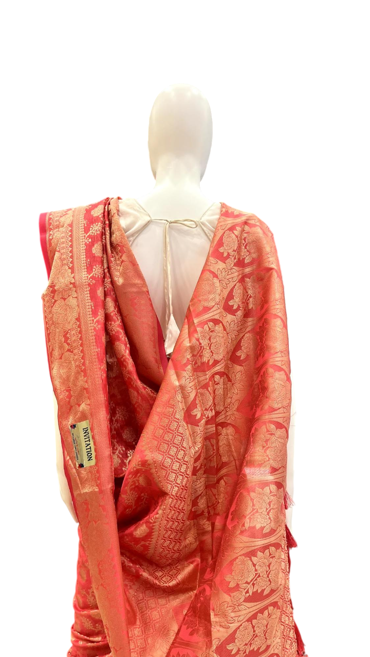 Coral Bloom: Traditional Banarasi Silk Saree