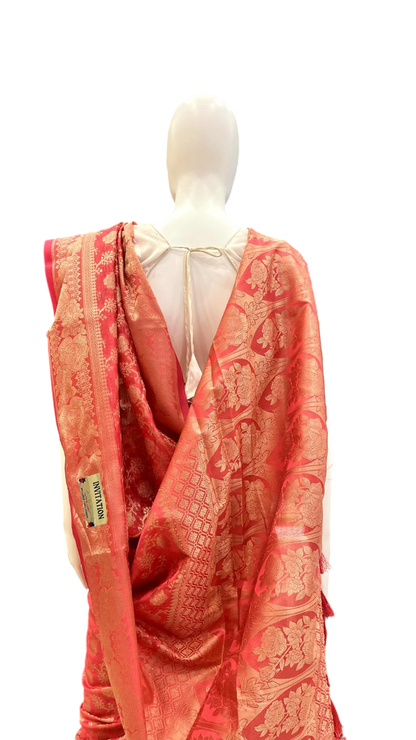 Coral Bloom: Traditional Banarasi Silk Saree