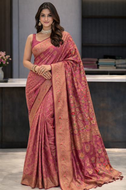 Gulabi Opulence: Deep Pink Silk Saree with Gul Dasta Pallu