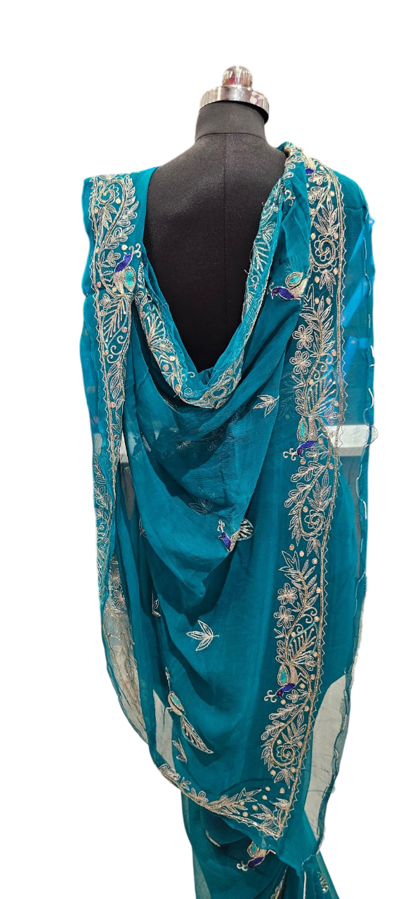 Royal Teal Peacock Embroidered Saree
