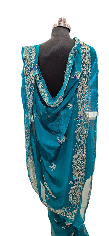 Royal Teal Peacock Embroidered Saree