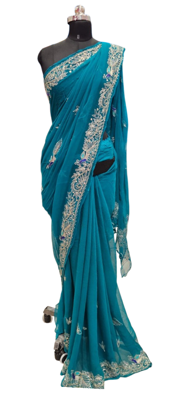 Royal Teal Peacock Embroidered Saree
