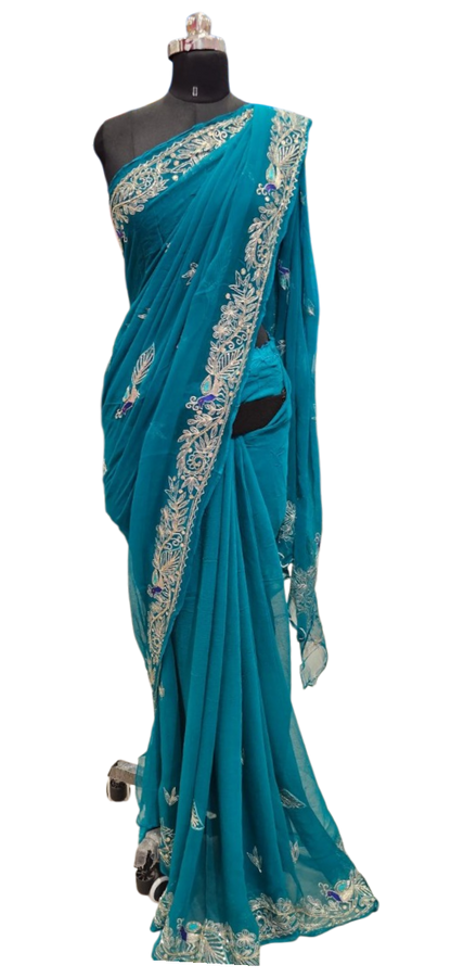 Royal Teal Peacock Embroidered Saree